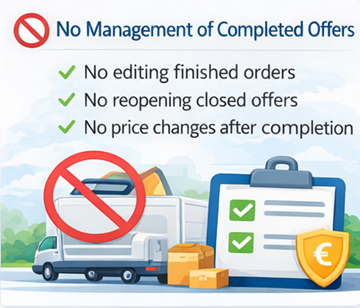 Illustratie die laat zien dat chauffeurs afgeronde transportaanbiedingen niet kunnen bewerken of opnieuw kunnen openen op het ExusTrans-platform